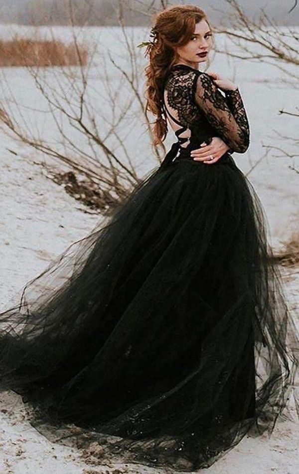 2023 Vintage Bobemian A Line Wedding Dresses Black Lace Tulle Gothic With Long Sleeves Sexy Sheer Top Slit Skirt Bridal Gowns Criss Cross Back