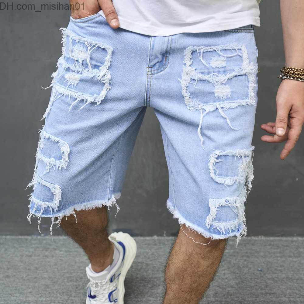 Men's Pants New Men's Summer Street Clothing Slim Fit Open Front Denim Shorts Fashion Hole Solid Casual Straight Jeans Men's Five Point