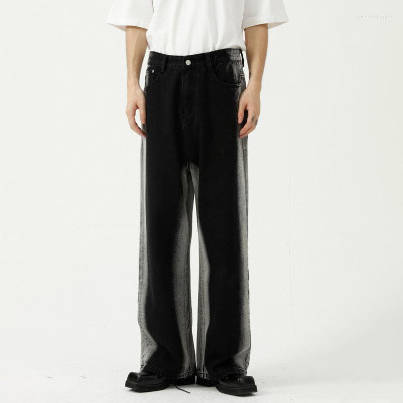 Men's Tie-Dye Straight Jeans - Wide Leg Loose Fit, Cotton, Black, Casual Streetwear