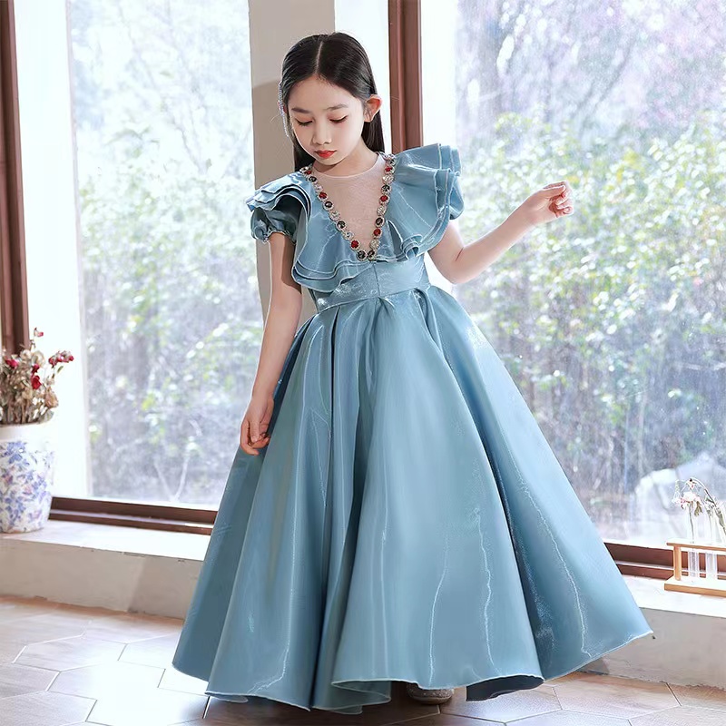 Diamond Flower Girl For Wedding Spaghetti Floral Appliques Satin Girls Pageant Dress A Line Kids Birthday Gowns Princess Children Wed Party Dresses 40