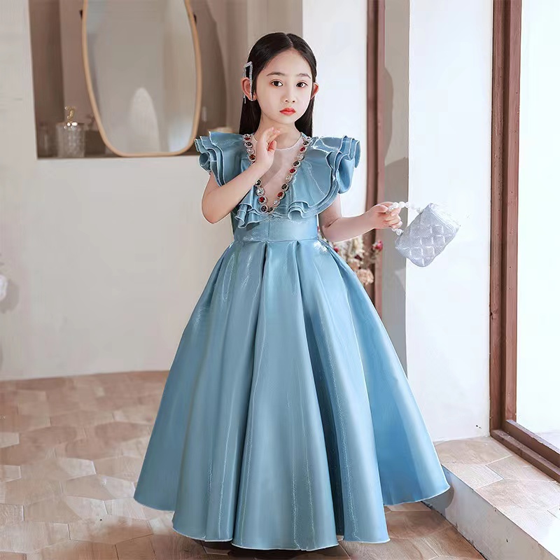 Diamond Flower Girl For Wedding Spaghetti Floral Appliques Satin Girls Pageant Dress A Line Kids Birthday Gowns Princess Children Wed Party Dresses 40