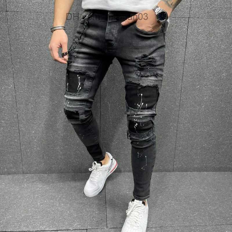 Men's Pants New Men's Four Seasons Small Feet Pencil Pants Stripe Denim Cropped Pants Stitching Pattern Jeans 2022 New Men's Jeans Z230