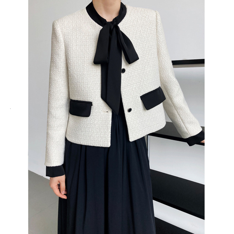 Womens Jackets Spring Autumn Bow Tie Short 20% Wool T Jacket Women Houndstooth Plaid Round Neck Long Sleeve Coat 230729