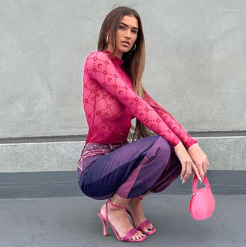 Women's T Shirts Women Sheer Mesh Tops Autumn Female Long Sleeve Tie Dye Print O-Neck Sexy See-Through Short Slim Fit T-Shirts Rose Red