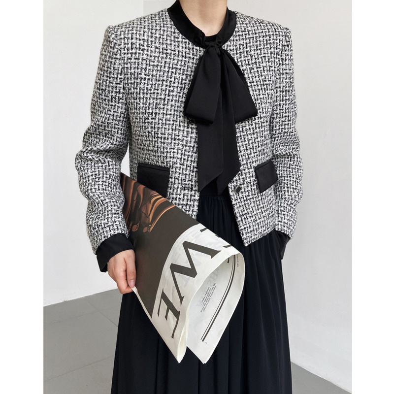 Womens Jackets Spring Autumn Bow Tie Short 20% Wool T Jacket Women Houndstooth Plaid Round Neck Long Sleeve Coat 230729