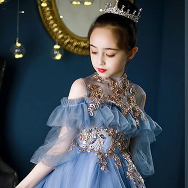 Blue Girls Dresses 3D V Neck Long Sleeve Kids Teens Pageant Gowns Birthday Party Dress For Wedding Cooktail Gown Flower Girl Bride Vestidos De Novia 4