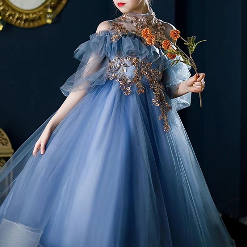 Blue Girls Dresses 3D V Neck Long Sleeve Kids Teens Pageant Gowns Birthday Party Dress For Wedding Cooktail Gown Flower Girl Bride Vestidos De Novia 4