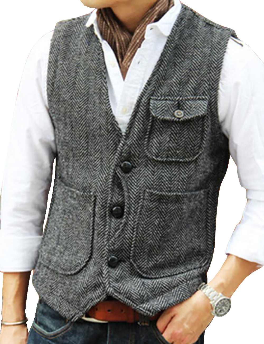 Mens Vests Casual Tooling Vest Formal Herringbone Tweed Brown V Neck Wool Waistcoat Business Groomman For Wedding Prom 230731