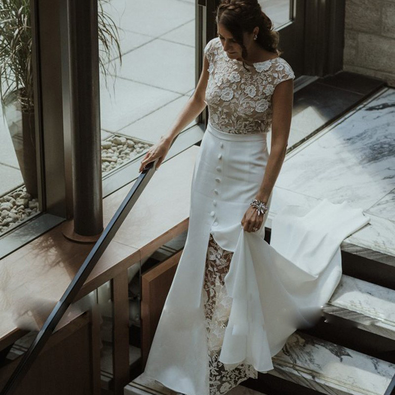 Lace Mermaid Chic Wedding Dress Jewel Neck Cap Sleeve Front Split Bridal Dresses Satin Sweep Train Garden Vestido De Mariee es