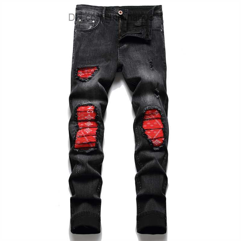 Men's Pants Men's bicycle jeans street clothes Paisley Bandana printed patches elastic Denim pants splicing work holes tear thin straight bl