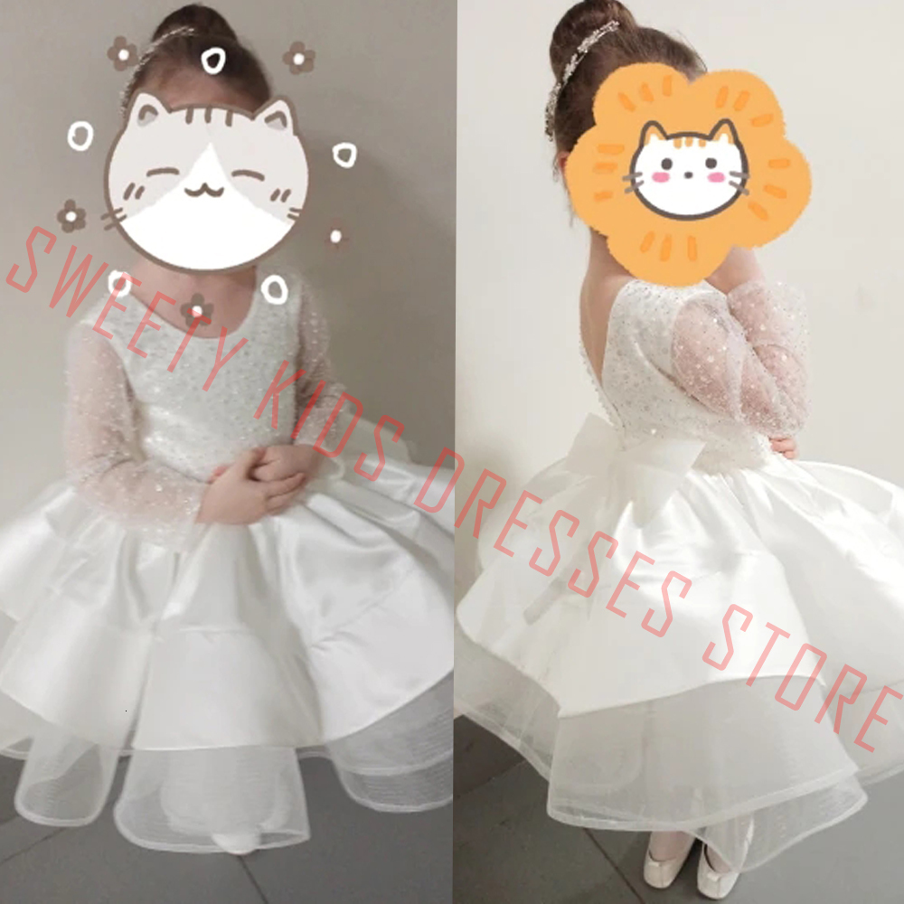 Girl's Dresses Formal Long Sleeve Lace Sequins Wedding Princess Dress Host Birthday Evening Bow Kids Dress for Girl Bridesmaid Children Clothes 2