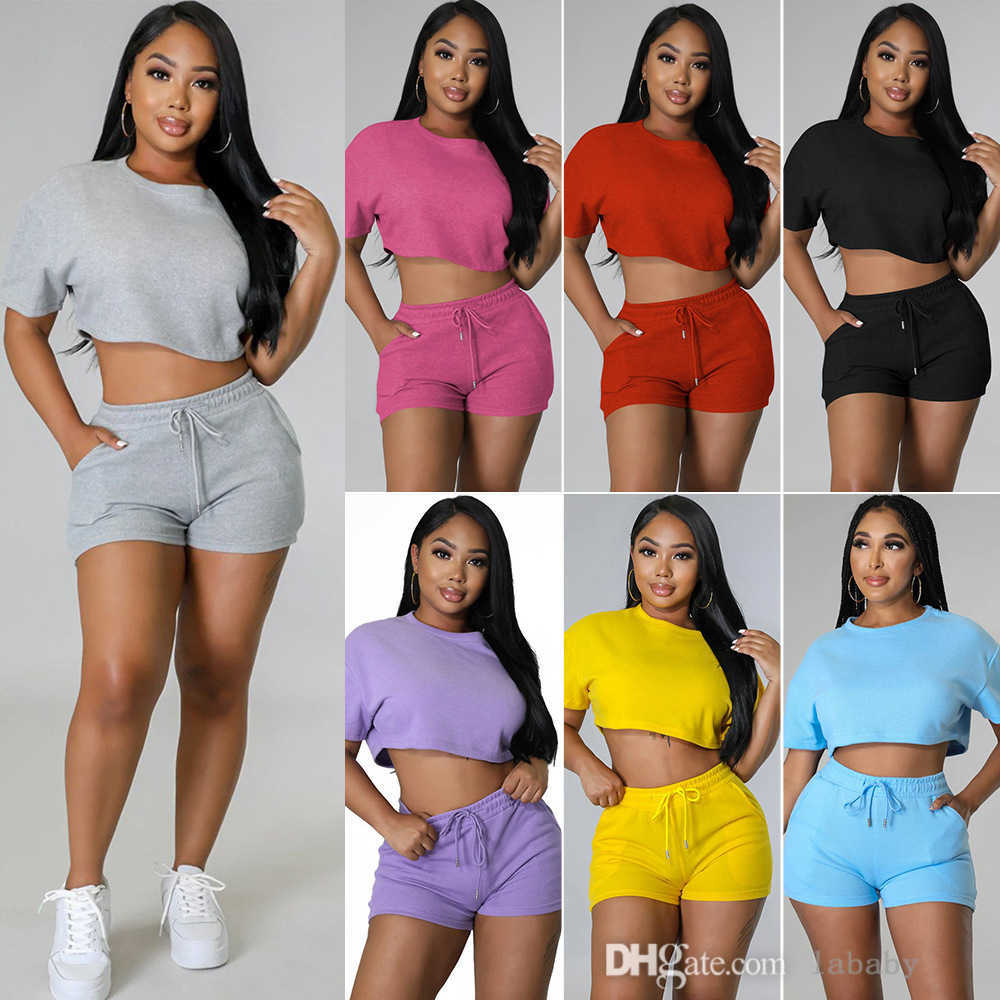 Summer Womens Tracksuit 2 Piece Set Women Casual Sports Solid Color Sweatsuit Short Sleeve Crop Top T Shirt And High Waist Shorts Casual 2pcs Suit Outfits 8 Colors