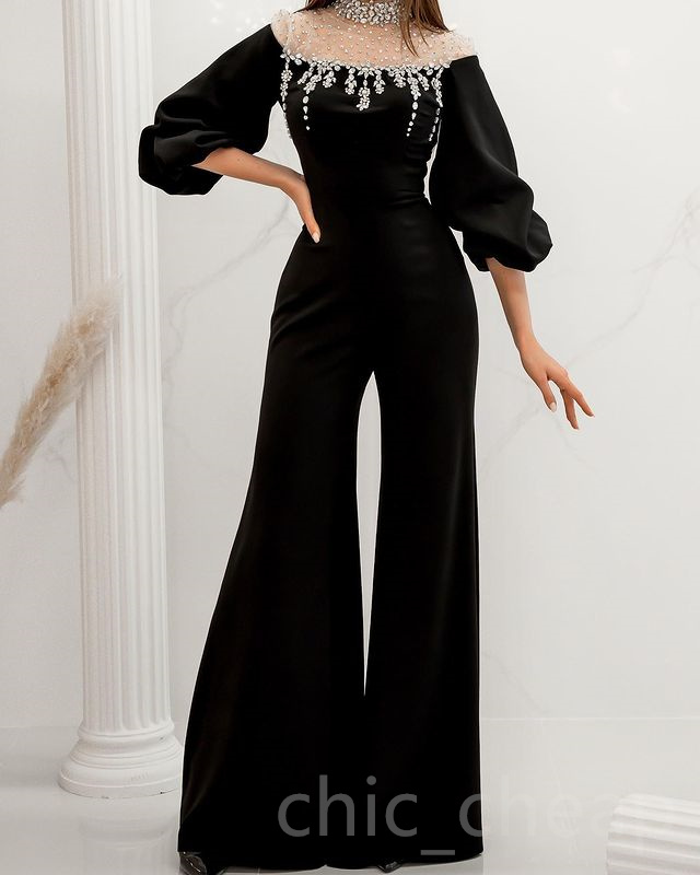2023 April Aso Ebi Black Mermaid Jumpsuits Prom Dress Beaded Crystals Evening Formal Party Second Reception Birthday Engagement Gowns Dress Robe De So