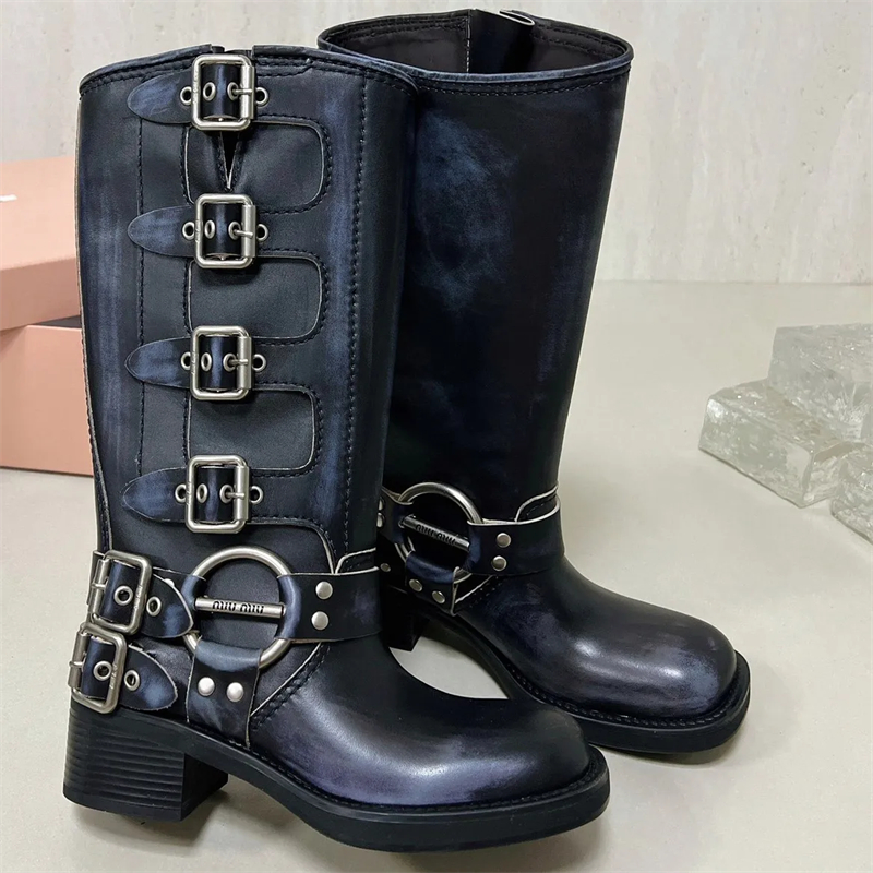 Harness Belt Buckled Cowhide Leather Biker Knee Boots Chunky Heel Zip Knight Boots Fashion Square Toe Ankle Booties For Women Luxury Designer Shoes Factory Footwear
