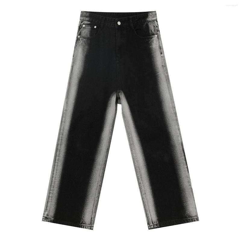 Men's Tie-Dye Straight Jeans - Wide Leg Loose Fit, Cotton, Black, Casual Streetwear
