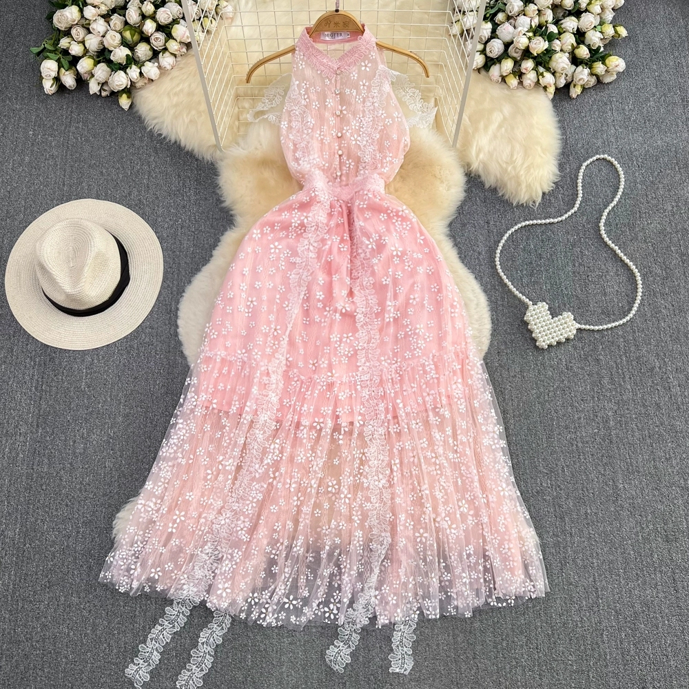 Luxury and luxurious style stand up collar hanging neck off shoulder waist slim sleeveless dress mesh embroidery A-line large swing dress