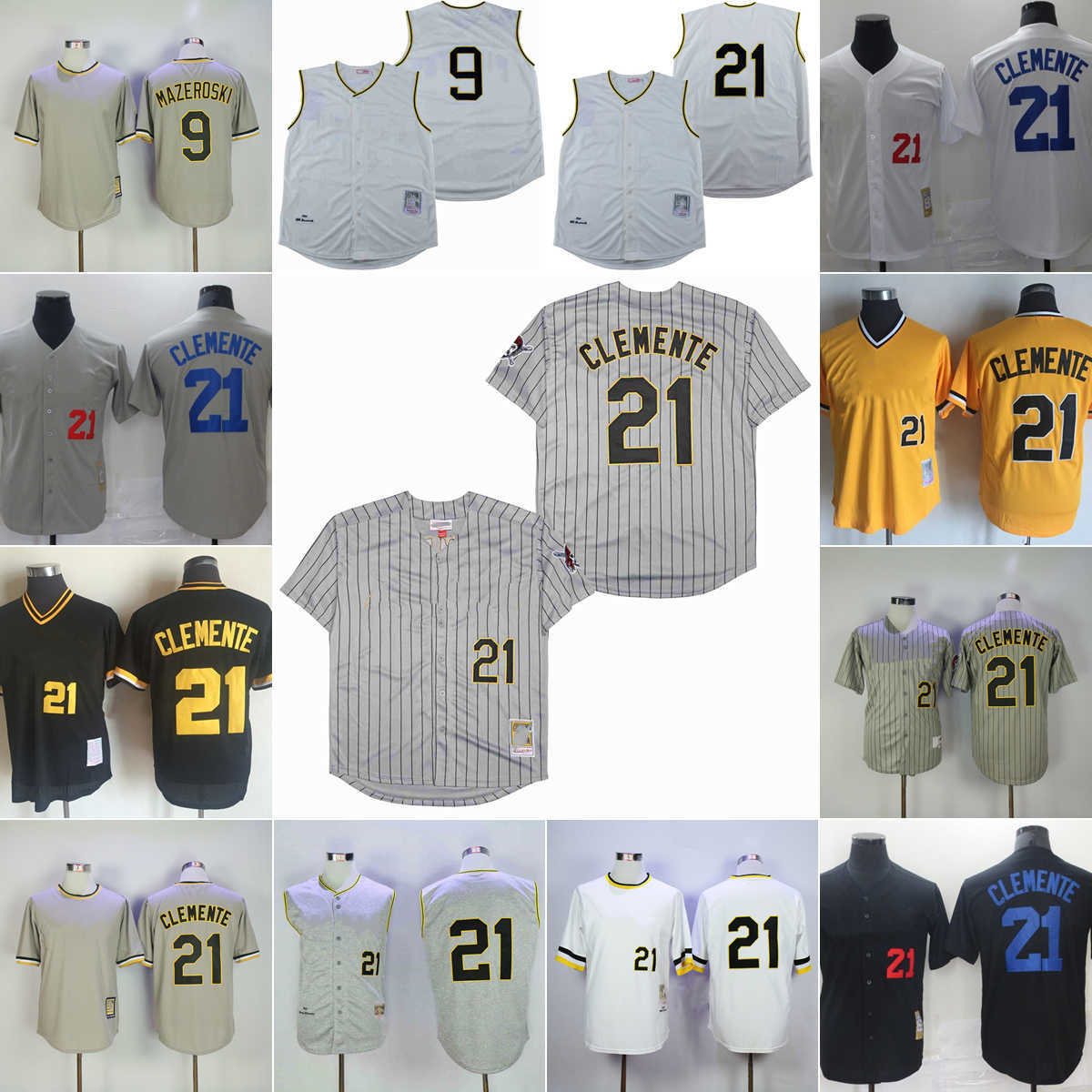 Vintage College Throwback Baseball 21 Roberto Clemente Jerseys Stitched 9 Bill Mazeroski Breathable Sport White Grey yellow black Pullover