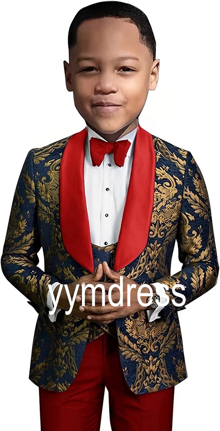 Gold Jacquard Boys Tuxedos For Wedding Ring Bearer Suits Page Boy One Buttons Shawl Lapel (Jacket+Pants+Bow+Vest) Baby Birthday Party