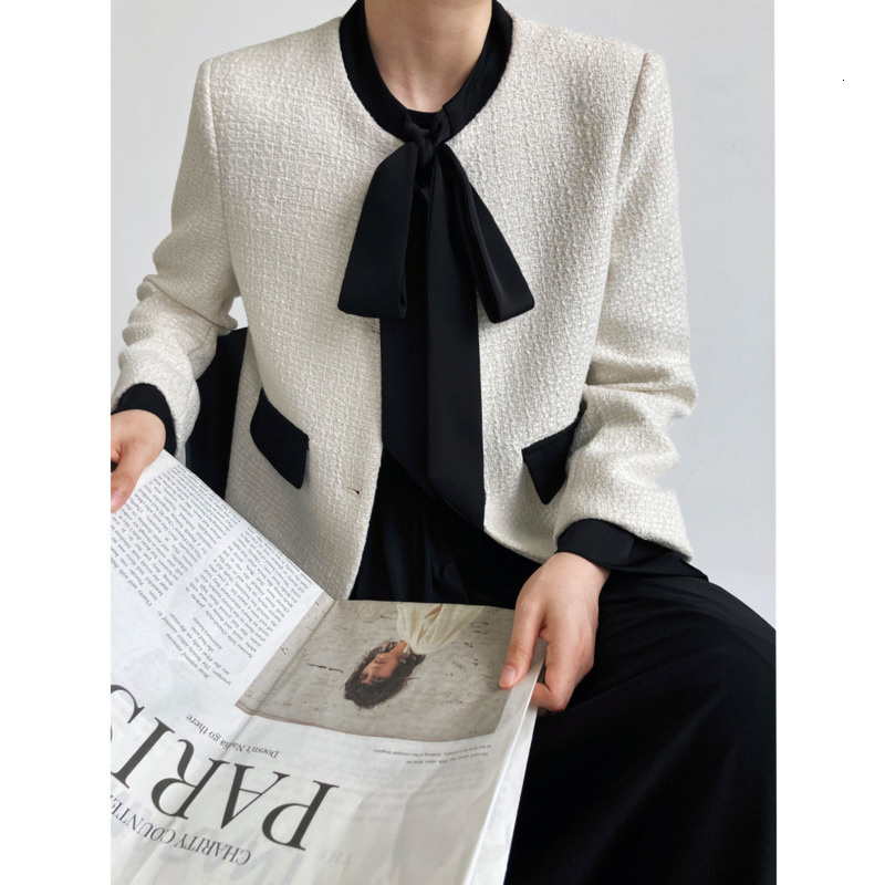 Womens Jackets Spring Autumn Bow Tie Short 20% Wool T Jacket Women Houndstooth Plaid Round Neck Long Sleeve Coat 230729