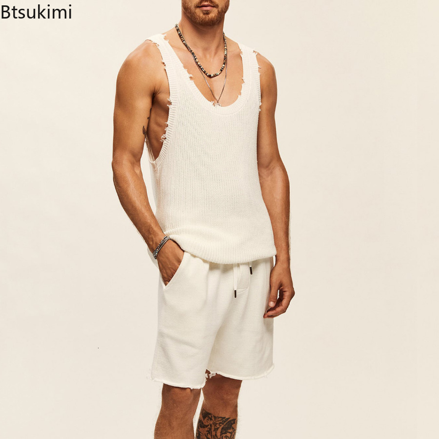 Mens Tracksuits Summer Casual 2PCS Sets Knitted Fashion Tank Tops and Shorts Two Piece Set Streetwear Clothes Men 230731
