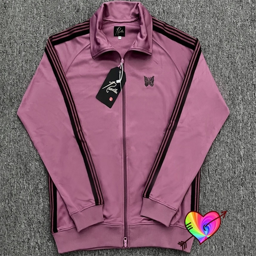 Mens Jackets Dark Pink Needles Track Jacket Men Women Knitted Stripe AWGE Poly Smooth Butterfly Coat 230729