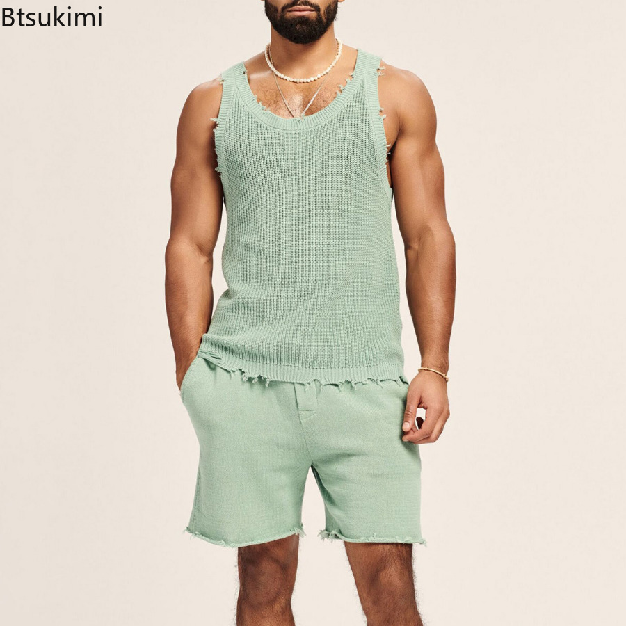 Mens Tracksuits Summer Casual 2PCS Sets Knitted Fashion Tank Tops and Shorts Two Piece Set Streetwear Clothes Men 230731
