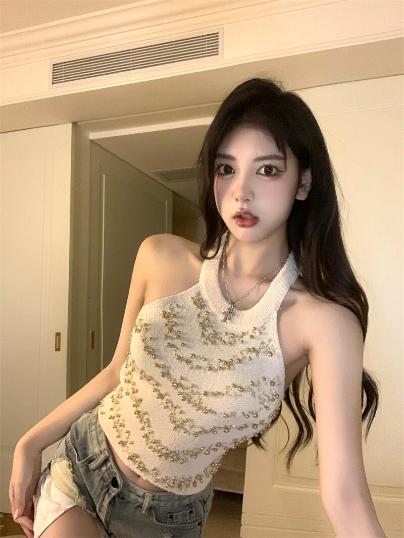 New design womens summer halter neck beading knitted tanks camis