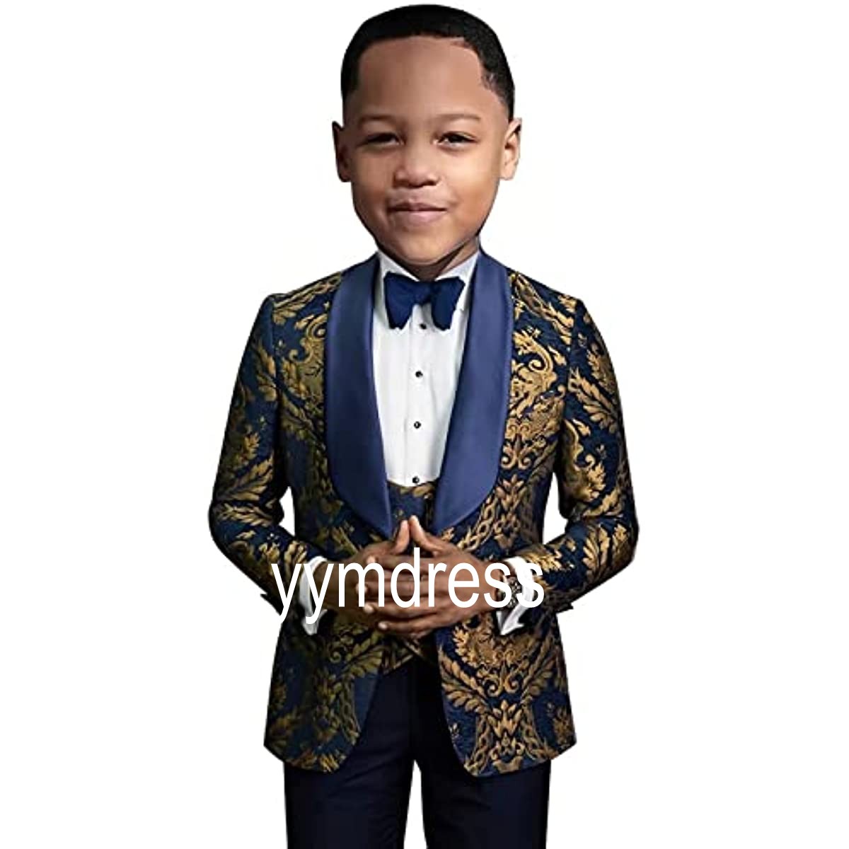 Gold Jacquard Boys Tuxedos For Wedding Ring Bearer Suits Page Boy One Buttons Shawl Lapel (Jacket+Pants+Bow+Vest) Baby Birthday Party