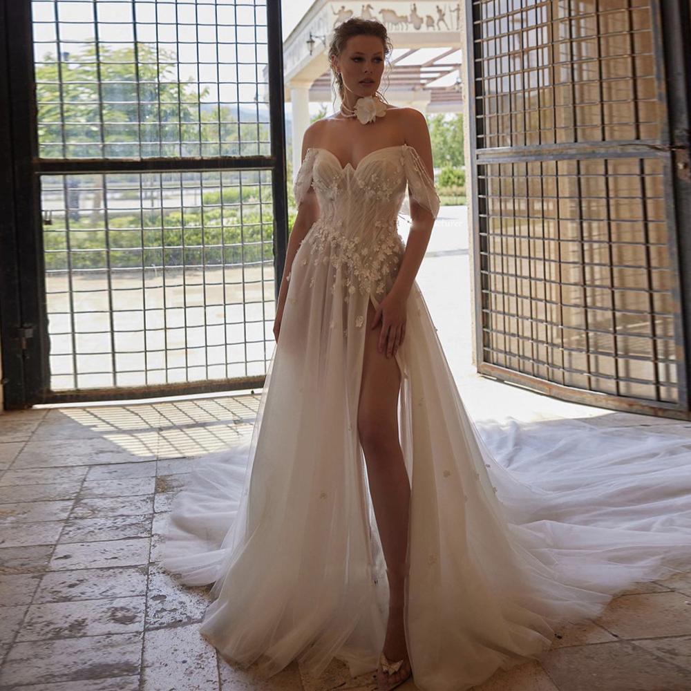 Sexy A-Line Beach Wedding Dresses Thigh High Splits Off the Shoulder Bridal Gown 3D Flower Pearls Robe de mariee