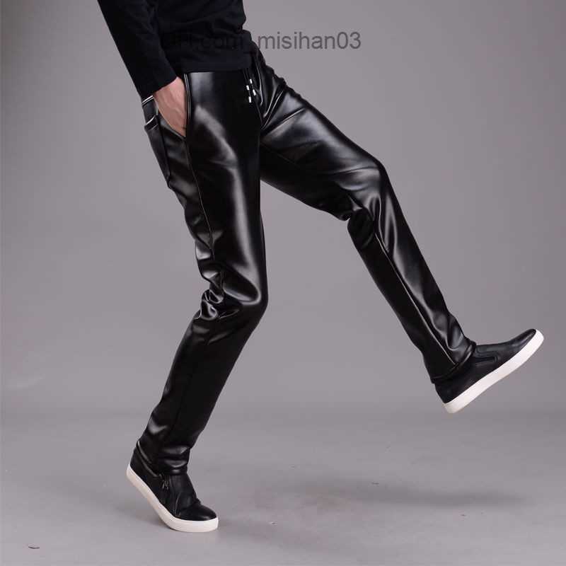 Men's Pants Spring and Summer Men's Leather Pants Elastic High Waist Lightweight Casual PU Leather Pants Thin Leather Pants Z230801