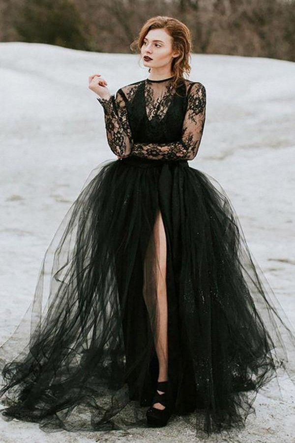 2023 Vintage Bobemian A Line Wedding Dresses Black Lace Tulle Gothic With Long Sleeves Sexy Sheer Top Slit Skirt Bridal Gowns Criss Cross Back
