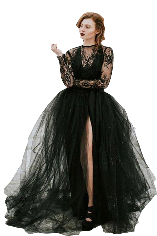 2023 Vintage Bobemian A Line Wedding Dresses Black Lace Tulle Gothic With Long Sleeves Sexy Sheer Top Slit Skirt Bridal Gowns Criss Cross Back