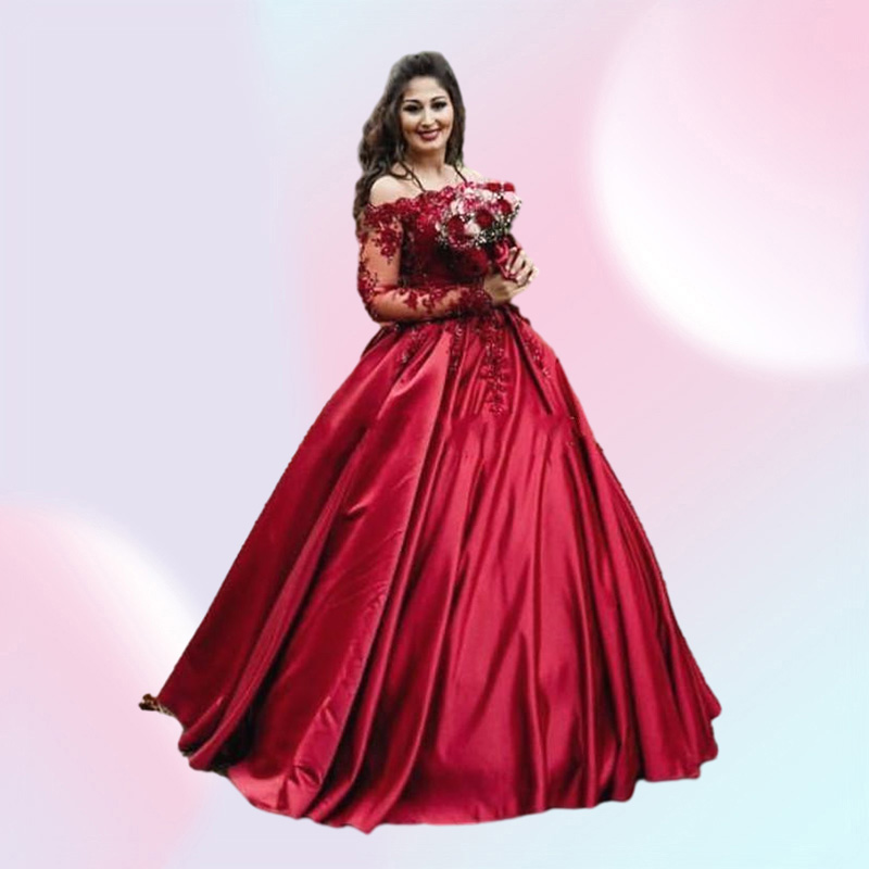 Burgundy Dark Red Ball Gown Wedding Dresses Off Shoulder Long Sleeves Satin Lace Appliques Flowers Beaded Plus Size Formal Bridal