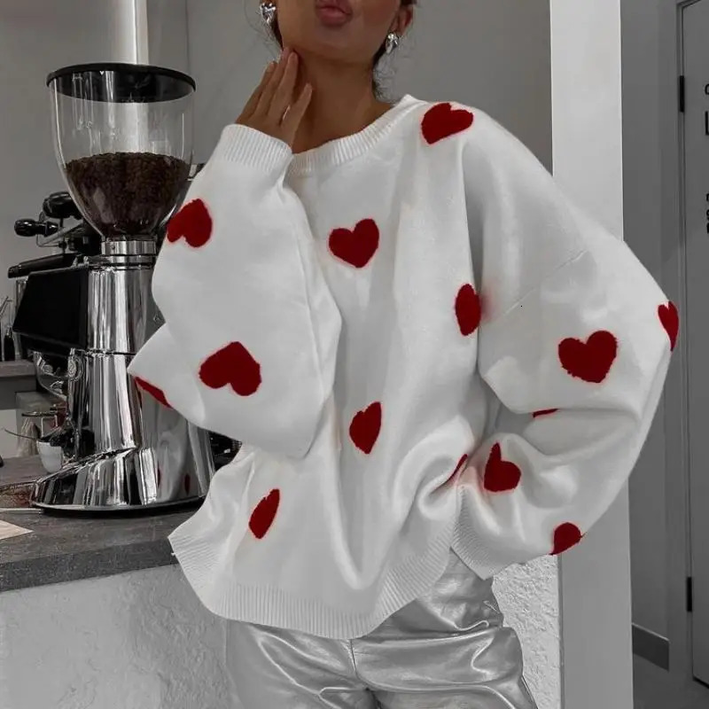 Women's Sweater Embroidery Love Heart Knitted Sweaters Long Sleeve Vintage Y2K Casual Sweet O Neck Pullovers Winter Warm Tops 231031