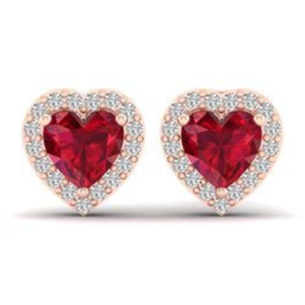Charming Ruby Studs Halo Moissanite Love Heart Shaped Red Birthstone Rhodium Plated 925 Sterling Silver