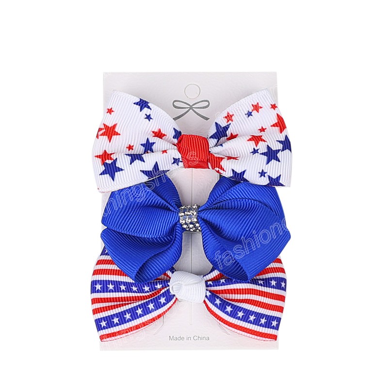 Girls Hair Bows Clip 4th Of July Independence Day Ribbon Bowknot Hairpins Star Stripes USA Flag Patriotic Hair Accessories 3pcs/Lot
