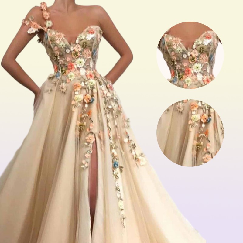 One Shoulder Tulle A Line Long Prom Dresses 3D Floral Lace Applique Beaded Split Floor Length Formal Party Evening Dresses