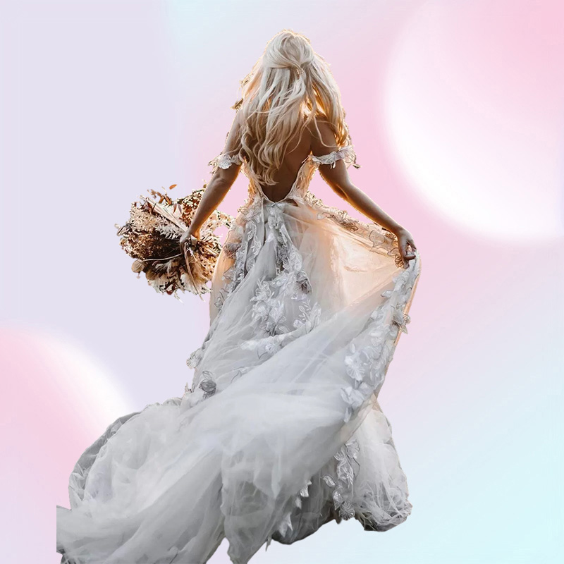 Backless Lace Boho Wedding Dress 3D Appliqued Summer Beach Bridal Gowns Off The Shoulder Tulle Outdoor Lady Marriage Dresses
