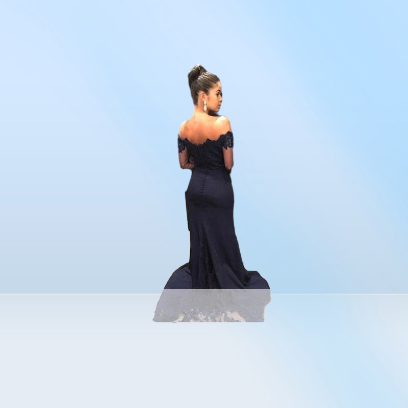 Navy Blue Mermaid Lace Evening Prom Dresses Elegant Off Shoulder Long Sleeve Appliqued Train Bridesmaids Dress MOTHER Dress BA9443