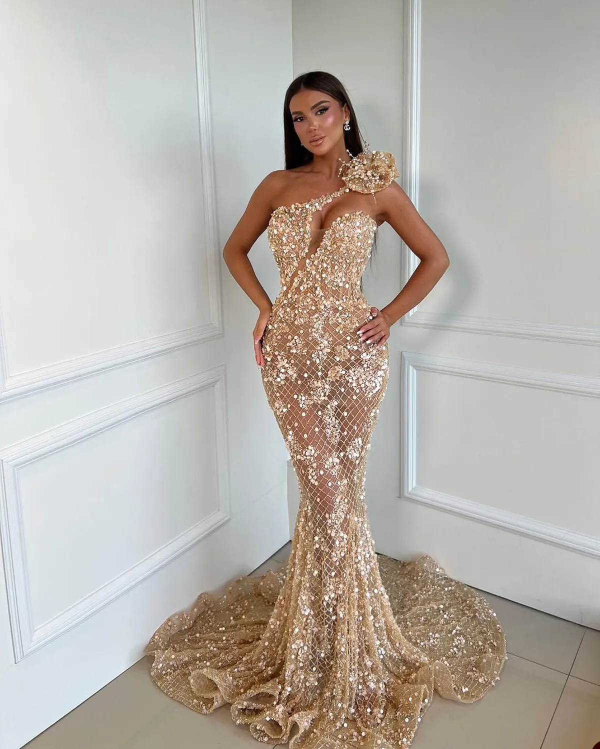 Arabia Shiny Rose Pink Prom Sexy Illusion One Shoulder Sequins Evening Party Gowns Women Formal Custom Made Dresses 6660306