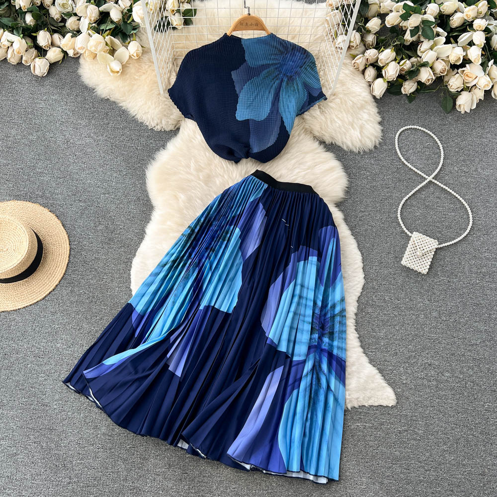 2023 Summer New Temperament OL WorkTwo Piece Dress Set Lapel Short-sleeved Knitted Shirt Contrast Color Stitching Pleated Skirt Sets