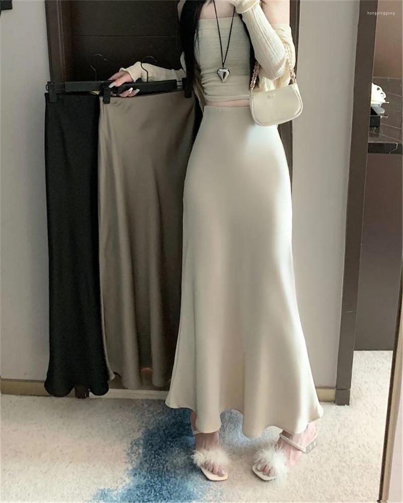 Women's Satin Silk High-Waisted Fishtail Midi Skirt For Elegant Fall Look