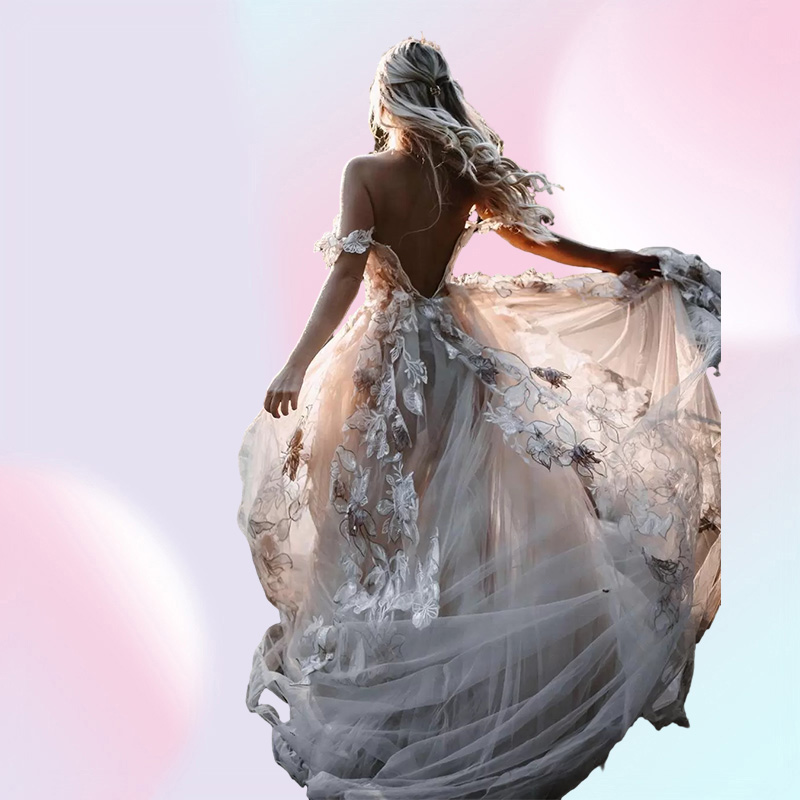 Backless Lace Boho Wedding Dress 3D Appliqued Summer Beach Bridal Gowns Off The Shoulder Tulle Outdoor Lady Marriage Dresses
