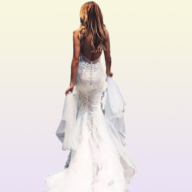Amazing Detail Outdoor Mermaid Wedding Dresses Lace Sexy Deep V Neck vestidos de novia Backless Boho Country Beach Bridal Gowns