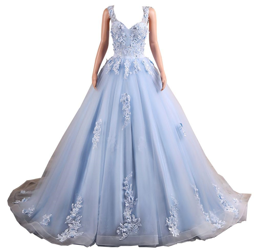 Quinceanera Dresses Princess Sky Blue Flowers Appliques Beading Deep V-Neck Tulle Ball Gown Lace-up Plus Size Sweet 16 Debutante Party Birthday Vestid