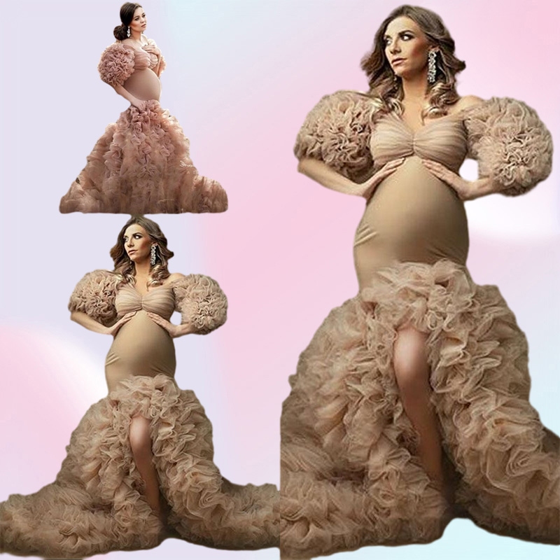 Champagne Tulle Kimono Women Evening Dresses Wear Poshoot Half Sleeves Off Shoulder Prom Gowns African Ruffles Mermaid Spl