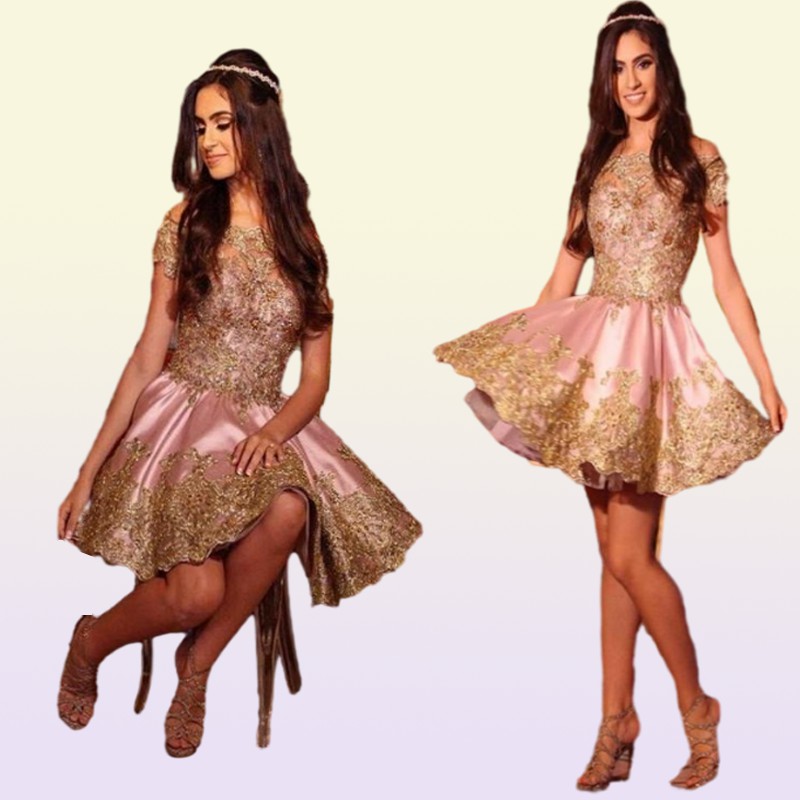 Rose Pink Princess Short Prom Dresses Bateau Neck Off Shoulder Gold Appliques Beaded Satin Short Cocktail Dresses Party Dresses