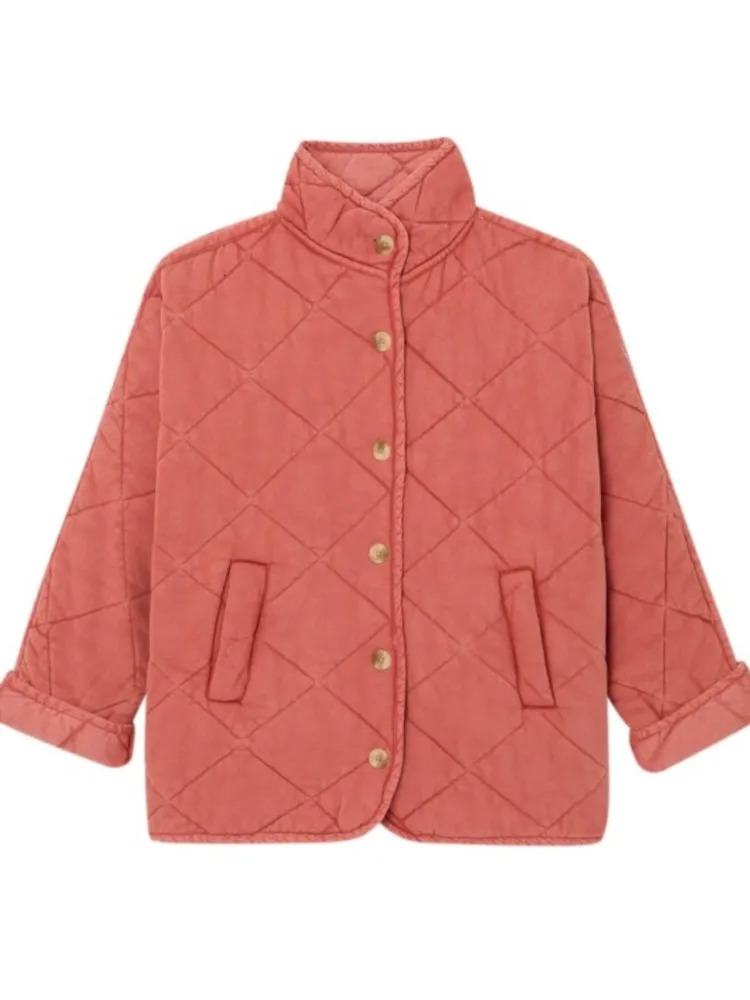 Women's Jackets Winter Solid Rhombic Lattice Quilted Jacket Stand Collar Single Breasted Pockets Cotton Coat Warm High Street Outerwear 231031