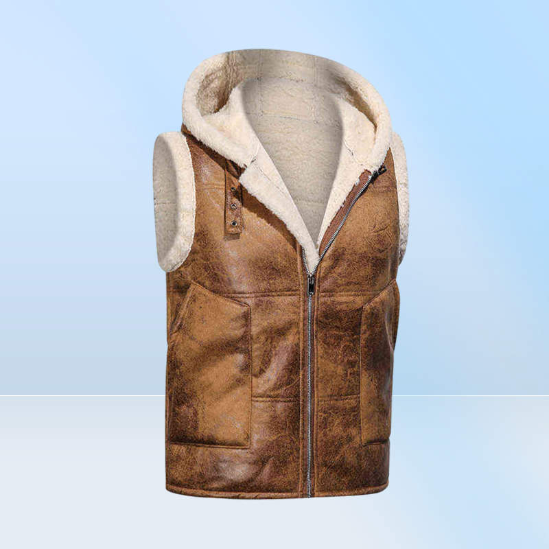 Men Autumn And Winter New Vest Faux Fur Solid Color Zipper Hooded Pu Leather Vest J22072252364443374769