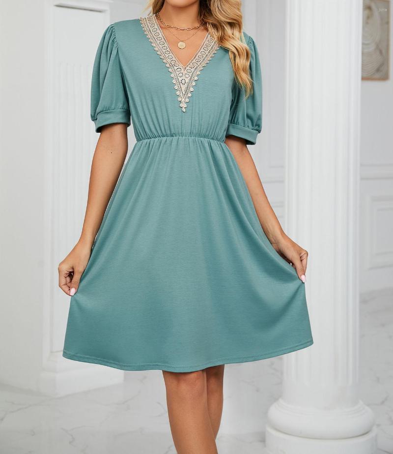 Casual Dresses Vestidos Female 2023 Spring And Summer Solid Color Splicing V-neck Short Sleeve Pocket Dress Fashion Birthday Party